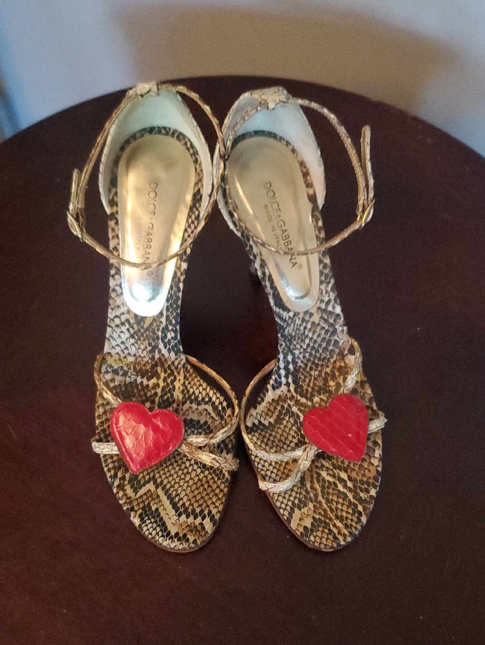 Dolce & Gabbana Gold Snakeskin Sandals with Red Heart Detail